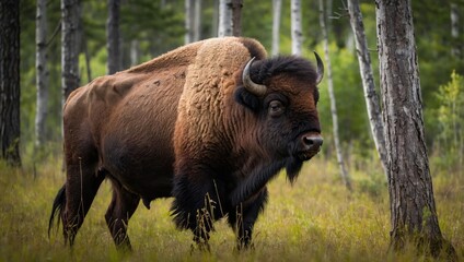 A bison peeking out from behind a tree in the wilderness