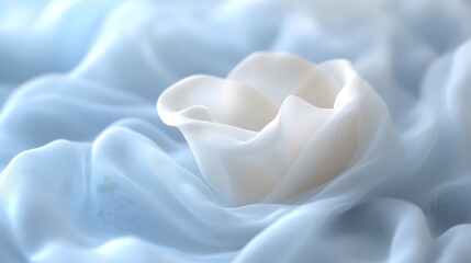 White fabric flower nestled in blue silk waves