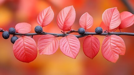 Autumn Branch Coral Leaves Dark Berries