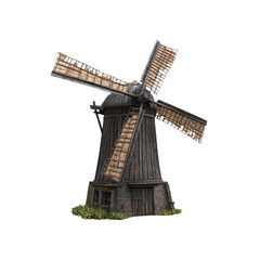 Rustic Wooden Windmill with Stone Base - 3D Render
