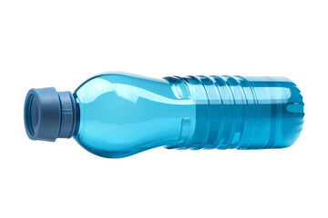 A transparent blue plastic water bottle, isolated on a white background, showcasing its sleek design and functional cap.