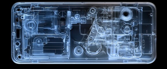 Smartphone internal components X-ray, tech background, repair guide