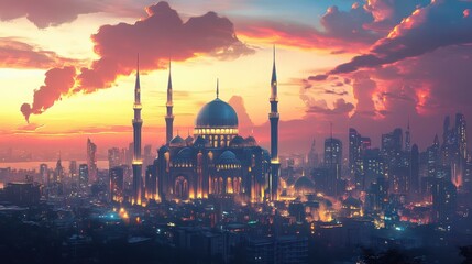 Modern Cityscape with Majestic Mosque, Sunset Sky and Illuminated Contemporary Buildings