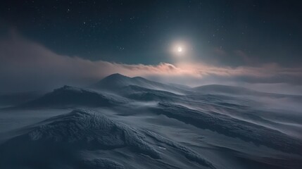Snowy Mountainscape Under Moonlight And Starry Night