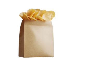 Paper bag overflowing with delicious golden potato chips on transparent background