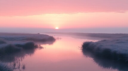 Naklejka premium Pink sunrise over misty river, calm nature scene, peaceful background, ideal for travel brochures