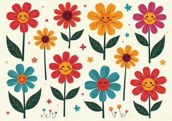 collection retro flowers smiling faces vector illustrations hippie twist colorful graphics design © BeaRod