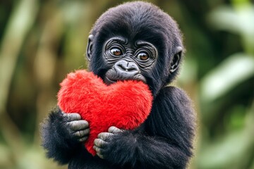 Obraz premium Marketing animal idea. Cute gorilla baby with fluffy red heart on in a natural habitat. Gorilla - my treasured animal. Affectionate wild creatures. Heartwarming nature love. Valentine's anima.