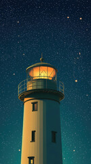 Lighthouse shines brightly under a starry night sky illuminating the coastal landscape and guiding vessels safely