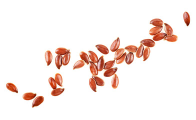 Brown flax seeds isolated on a white background, view from above. Linseeds.