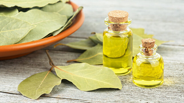 Natural bay laurel essential oil, essence in glass bottles with leaves on a rustic wooden table. Healthy lifestyle concept, beauty and spa therapy.