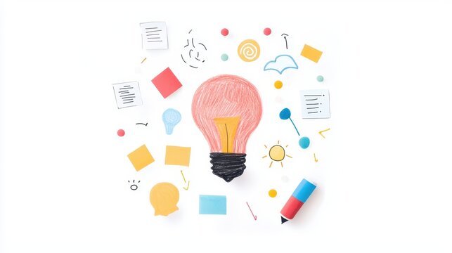 Creative Brainstorming Session with Light Bulb and Colorful Ideas on White Background