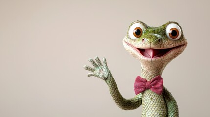 Friendly cartoon snake character waving joyfully with its tail while wearing a cute bow tie against a neutral background