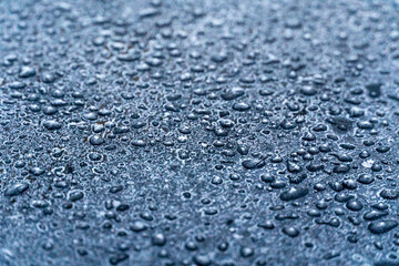 Obraz premium Small water droplets cling to a dark stone surface, glistening subtly in the soft light of early morning after rain