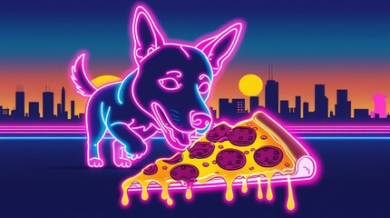 Neon-Style Happy Dog Enjoying Pizza with Vaporwave City Background

