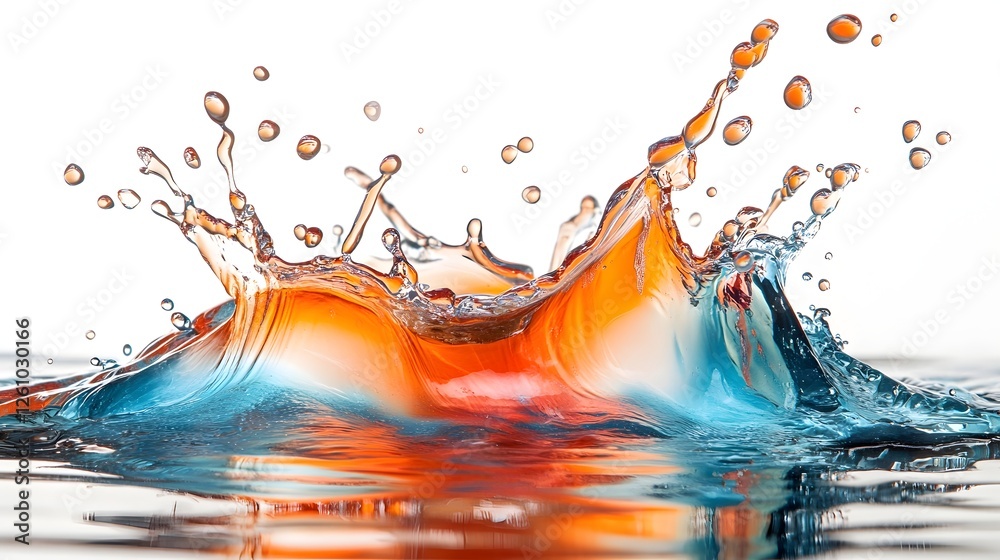 Poster Striking image of colorful dynamic water splashing with intense energy and vibrant lively motion  Featuring a captivating combination of orange blue and red hues creating an water splash effect