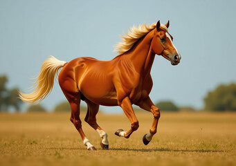 reddish palomino horse runs freely field flowing blond mane blowing