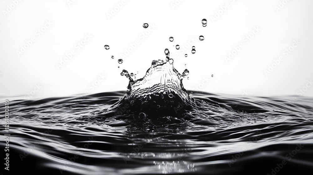 Poster Striking splash of water droplets captured in a high speed photograph creating an abstract and minimalist black and white design with a dynamic textured and ethereal aesthetic