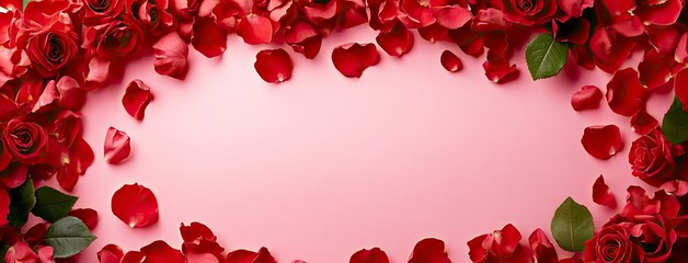 A pink background with red rose petals scattered around the edges, creating an elegant and romantic atmosphere for Valentine's Day.