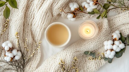 A warm and cozy tea arrangement with glowing candlelight, cotton flowers, and a knitted blanket for branding and marketing