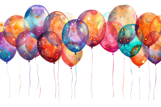 Colorful balloons in various patterns floating against a white background, perfect for celebration themes and festive occasions.
