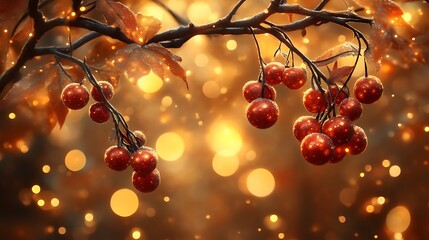 Festive red berries adorn a frosty winter branch