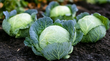 Fototapeta premium Fresh cabbages growing in garden soil