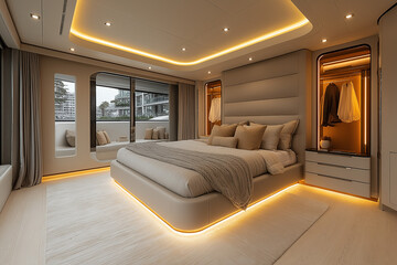 Photographie immobilière d'une chambre parentale moderne avec lit capitonné, éclairage LED et ambiance luxueuse. HDR, 3D, design, tendance, architecte