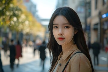 Urban Portrait: A young woman with long dark hair and a captivating gaze stands out against the vibrant backdrop of an urban street, radiating an air of mystery and charm. 