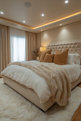 Photographie immobilière d'une chambre parentale moderne avec lit capitonné, éclairage LED et ambiance luxueuse. HDR, 3D, design, tendance, architecte