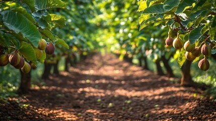 Sunlit fig orchard rows, ripe figs on branches, agriculture, healthy food