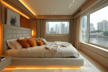 Photographie immobilière d'une chambre parentale moderne avec lit capitonné, éclairage LED et ambiance luxueuse. HDR, 3D, design, tendance, architecte