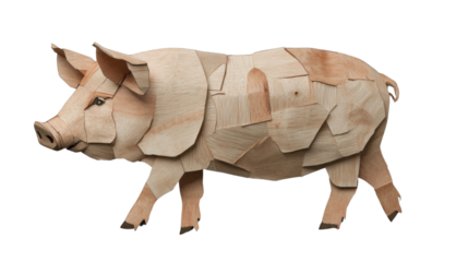 Wooden pig walking on transparent background: a symbol of craftsmanship