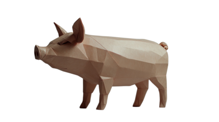Low poly cardboard pig standing on transparent background