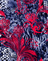 Vibrant jungle pattern with ornate baroque florals and layered animal print textures in red and blue. Exotic, opulent, and bold.