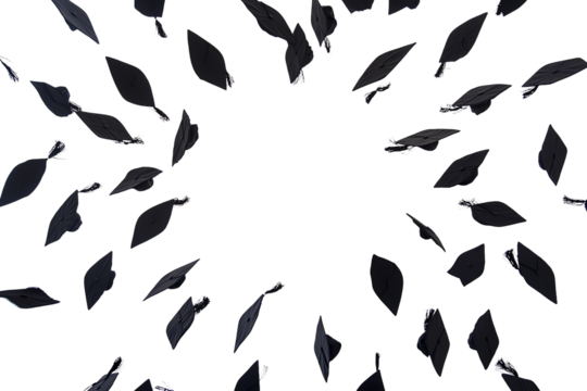 Graduation caps flying in a circular pattern against a black background, symbolizing achievement and celebration.