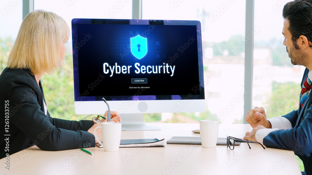 Poster cyber security system on computer screen protect private information snugly from hacker and cyber at