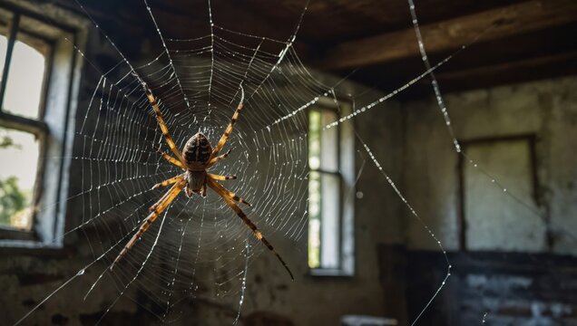 Spiderweb with spider in old house