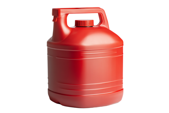 Red plastic container with a handle, designed for transporting liquids safely, isolated on a white background.