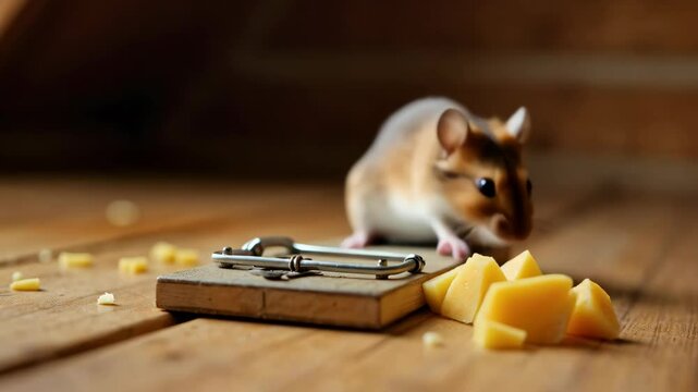 Cautious Mouse Near Traditional Trap On Wooden Floor