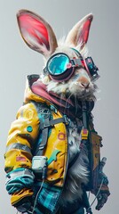 Futuristic Cyberpunk Rabbit in Yellow Jacket Goggles and Backpack
