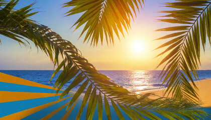 Fototapeta premium A vibrant abstract composition of sun rays, ocean waves, and palm leaves, blending warm oranges and cool blues.