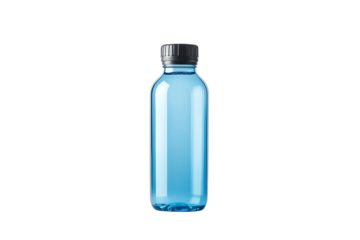 Transparent blue bottle with black lid on a white background, perfect for showcasing hydration and beverage options.