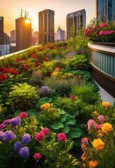 vibrant rooftop gardens showcasing urban sustainability solutions lush colorful functional plant arrangements, balcony, terrace, greenery, flowers, plants
