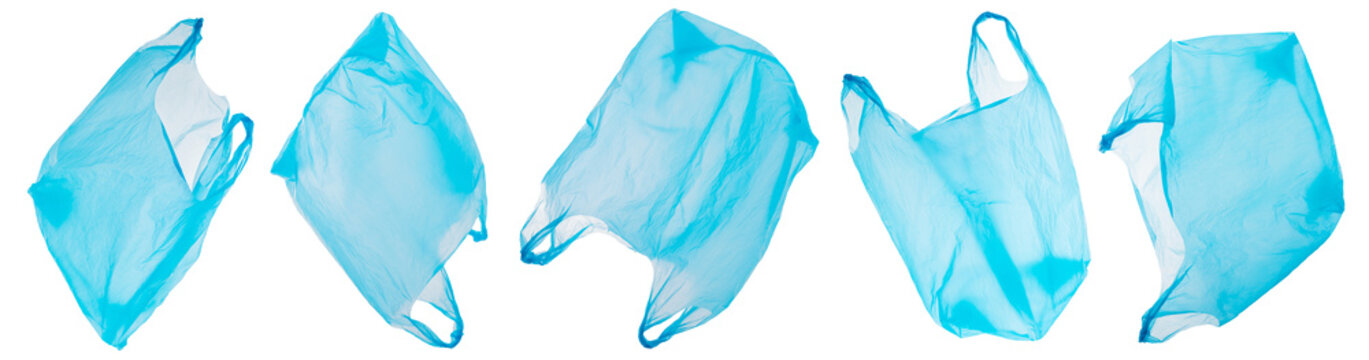 five blue disposable plastic bags in various views isolated, banner, plastic waste pollution