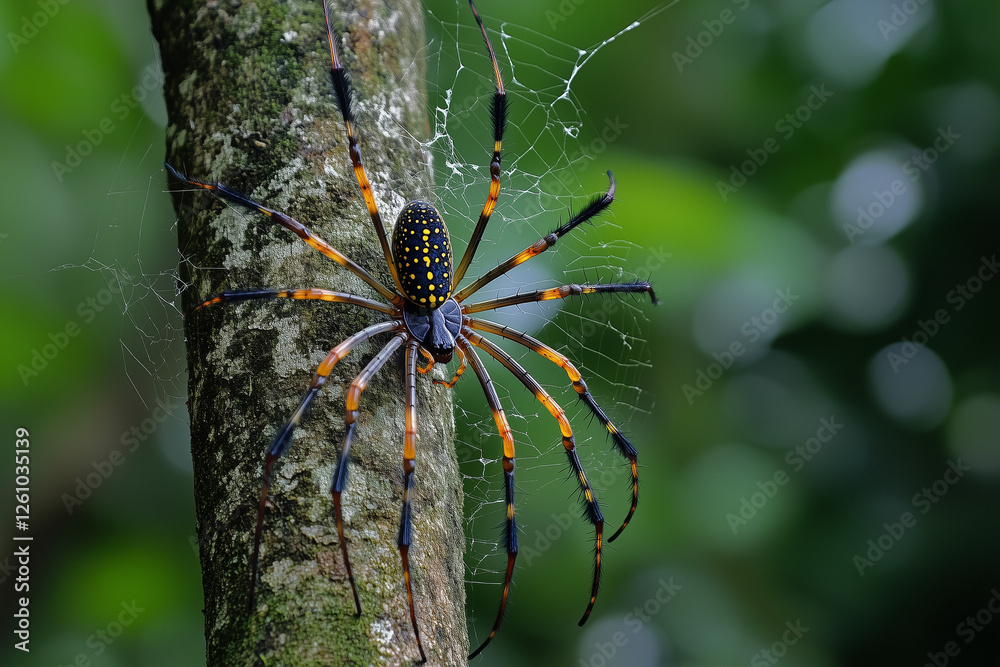 Wall mural a spider weaving web on a tree in forest.