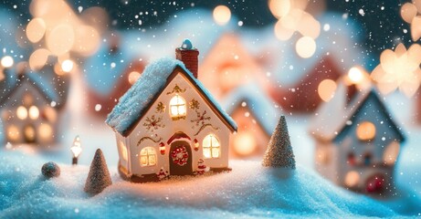 Fototapeta premium Whimsical winter village scene with illuminated houses nestled in snow, creating a festive and inviting holiday atmosphere. Snowfall adds magic.