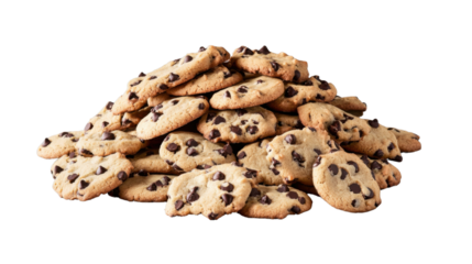 Pile of delicious chocolate chip cookies isolated on transparent background