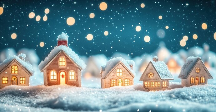 Winter village scene with snow-covered miniature houses and bokeh lights creates a cozy holiday atmosphere.