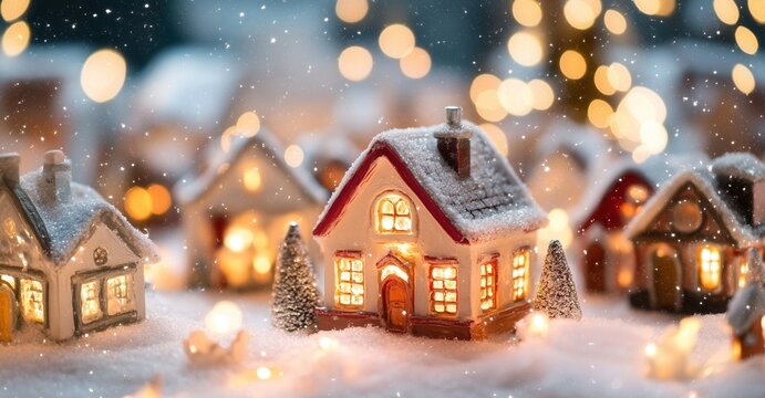 Charming miniature village scene with snow-covered houses and softly glowing lights, capturing the cozy essence of the winter holidays.